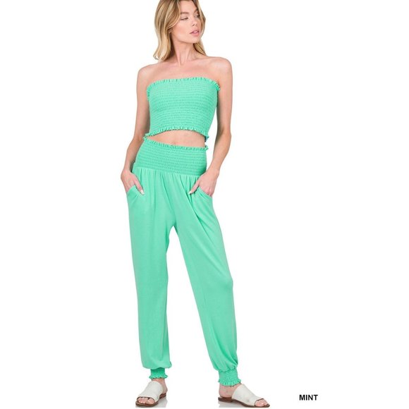 Pants - Smocked Tube Top & Pleated Jogger Pants Lounge Set Mint